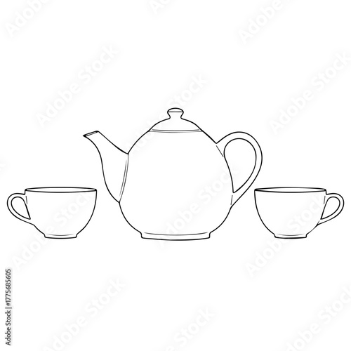 Minimalist outline illustration of a classic tea set featuring a teapot and two teacups, isolated on a white background for easy editing