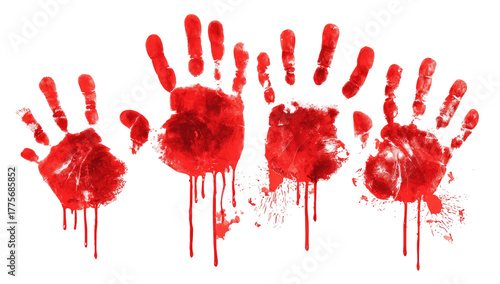 Four blood-stained handprints against a black background