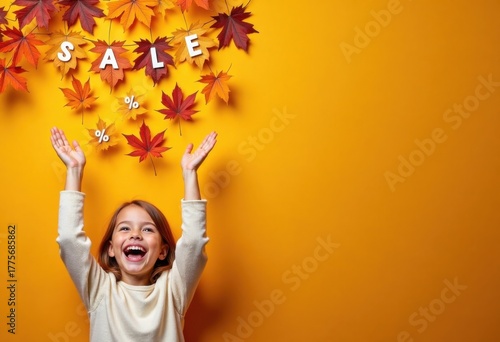 Happy girl pointing at sale banner with autumn maple leaves and percentage signs on orange background, fall sale, seasonal marketing advertising banner with space for text