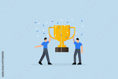 Win win situation, businessman connect trophy jigsaw piece to win together.