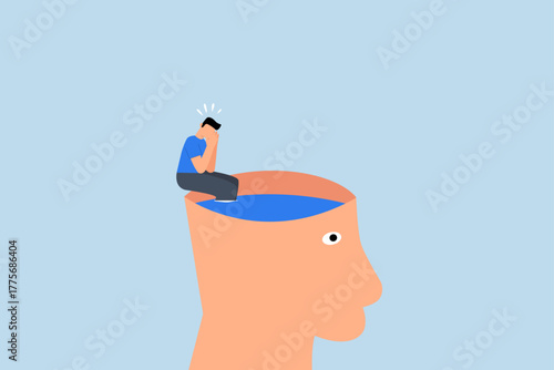 Psychology, contemplation thinking man climbing to sit on his brain.