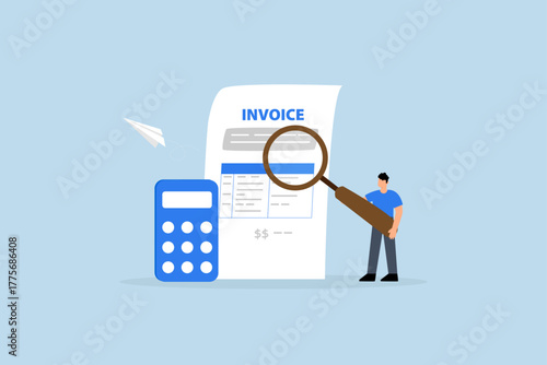 Invoice, businessman holding magnifier on invoice document.