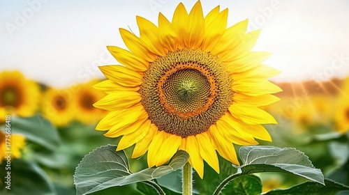 Bright and Cheerful Sunflower Bloom Surrounded by Green Leaves on a Sunny Day in a Vast Field of Sunflowers