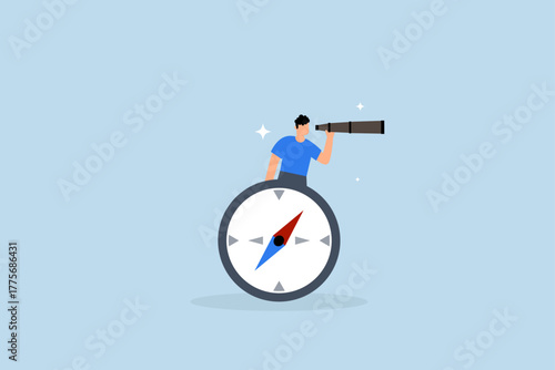 Business compass guidance direction, businessman with binocular and compass.