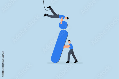 Information center, businessman team help building information symbol.