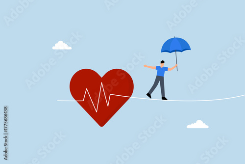 Health insurance, robust individual with an umbrella safeguard traverses perilous path with heartbeat reminiscent of tightrope walking.