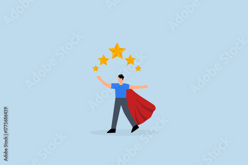 5 stars expert, Businessman hero holding large golden customer five star review.
