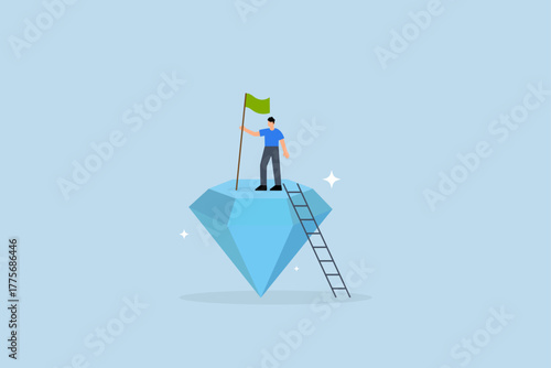 Value proposition, entrepreneur waving victory flag atop valuable high quality diamond.