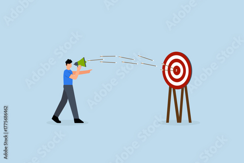 Communicate, entrepreneur promoter speaks through megaphone as archer strikes target bullseye.