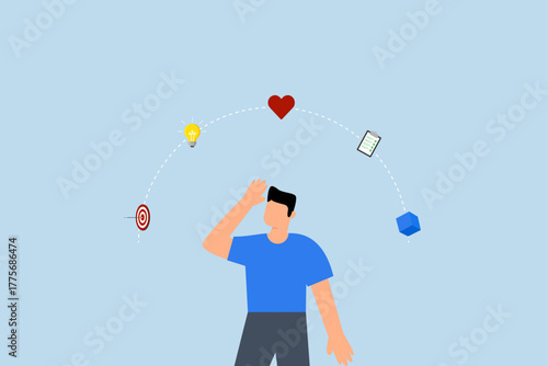 Design thinking process, businessman thinking with empathy, define, ideate, prototype and test idea for implementation.