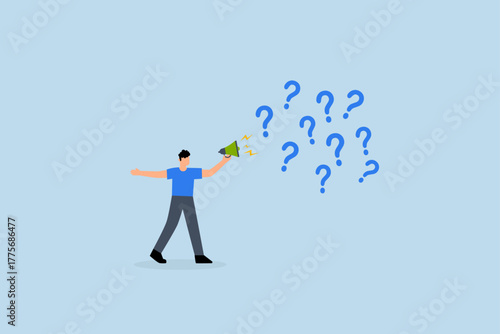 Ask questions to get answer for solving problem, businessman poses inquiries on megaphone filled with numerous question marks.