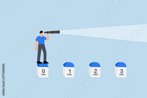 Start new journey, entrepreneur peers through telescope to observe career path.