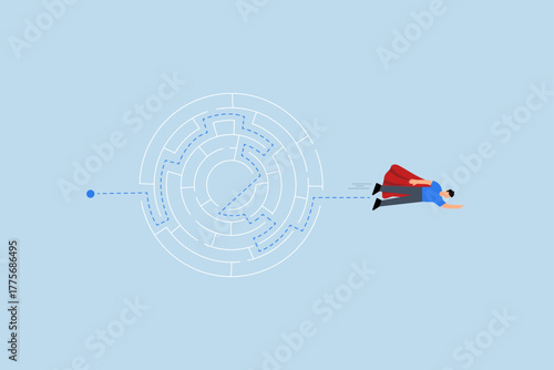 Expertise skill to solve business problem, businessman superhero fly solving maze puzzle.