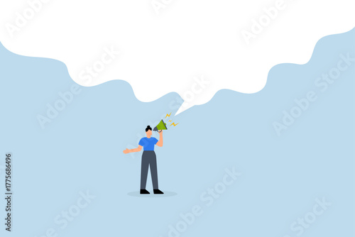 Woman speak out, businesswoman shouts into megaphone with large speech bubble.