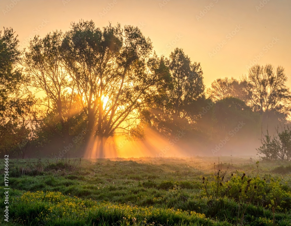 Obraz premium spring landscape, morning and the first sun lights at sunrise in fog