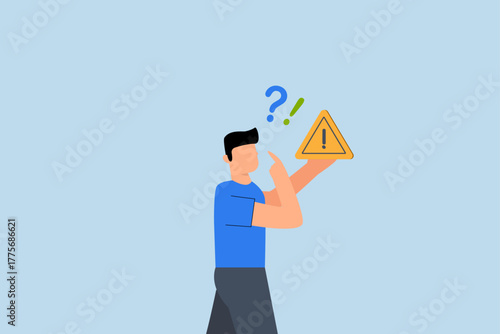 doubt to make decision, Businessman graspingexclamation mark sign, worried about finding solution to issue.