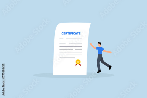 Certificate on taking course, joyful entrepreneur holding star certificate document for professional accomplishment.