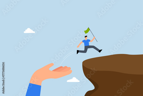 Helping hand, massive hand assists entrepreneur in leaping over cliff to achieve success.