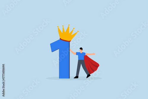 First winner achievement, triumphant entrepreneur hero poses with first place trophy and crown.