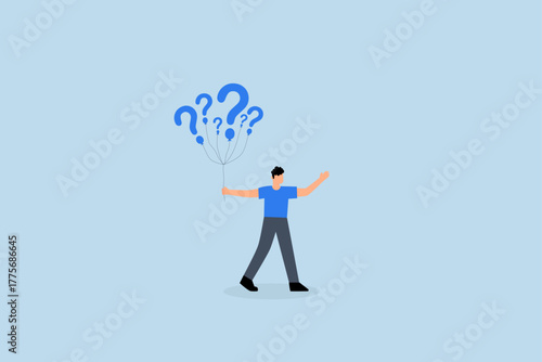 Question marks, suspicious entrepreneur grasping inquiry balloons seeks answers.