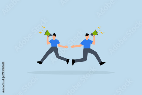 Communicate message, businessman and woman shouting on megaphone.