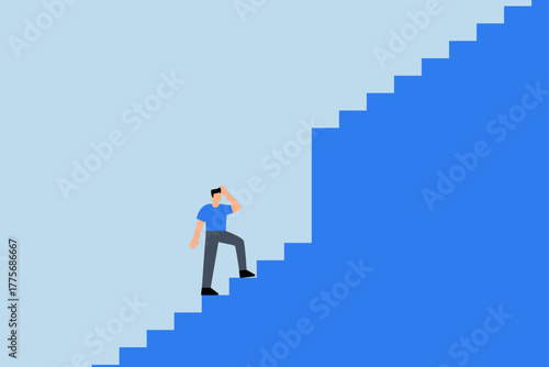 Challenge to overcome difficulty, businessman walk up stair to find huge difficult step.