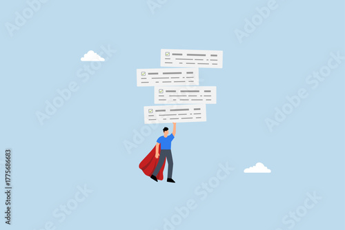 Task management, entrepreneur hero soaring with finished project boards.