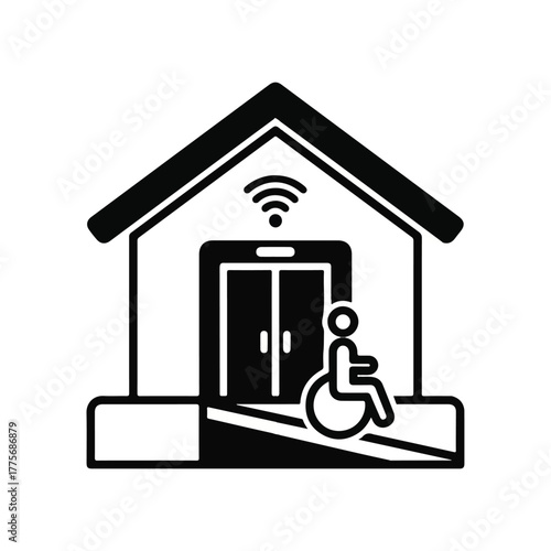 Smart building accessibility icon featuring a wheelchair user, ramp, and elevator, highlighting inclusive design and modern vertical transportation solutions for enhanced mobility