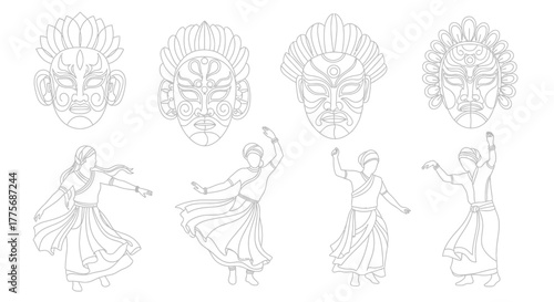 Line art illustration featuring sri lankan masks and traditional dancers