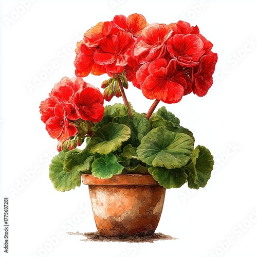 Vibrant red geraniums in terracotta pot with green leaves