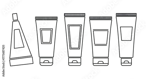 Simple line drawing of various cosmetic tubes and skincare packaging