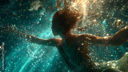 Woman immersed in water, swimming with elegance, surrounded by sparkling bubbles and light rays, evoking a tranquil and enchanting underwater scene
