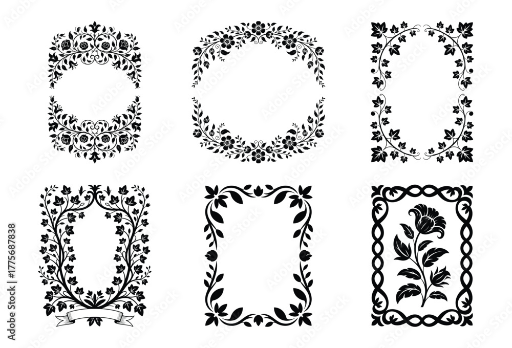Obraz premium Collection of decorative floral frames and borders isolated on white background