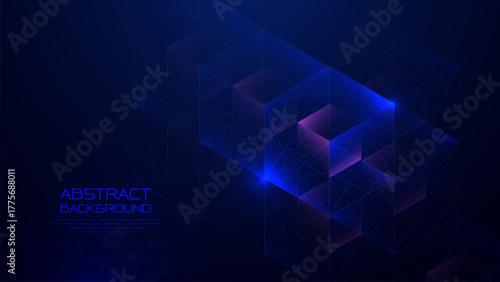 Abstract blue cube blockchain technology. Big data network connects