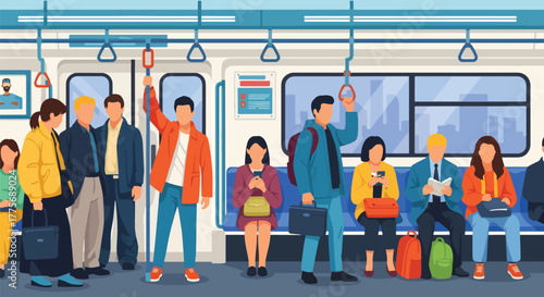 Flat vector of crowded metro train with passengers celebrating World Public Transport Day, promoting modern commuting and green mobility