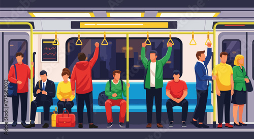 Flat vector of crowded metro train with passengers celebrating World Public Transport Day, promoting modern commuting and green mobility