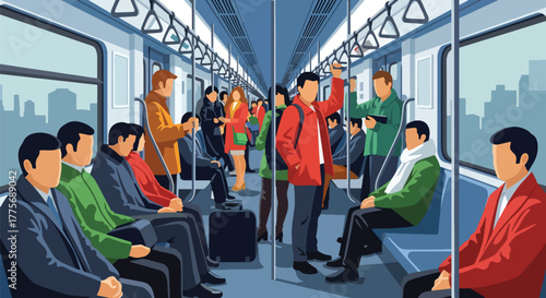 Flat vector of crowded metro train with passengers celebrating World Public Transport Day, promoting modern commuting and green mobility