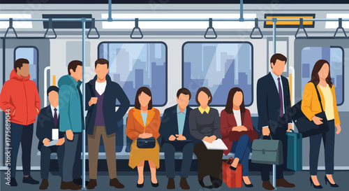 Flat vector of crowded metro train with passengers celebrating World Public Transport Day, promoting modern commuting and green mobility