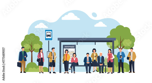 Flat vector of people waiting at city bus stop for World Public Transport Day, symbolizing community mobility and sustainable urban lifestyle