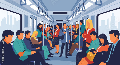 Flat vector of crowded metro train with passengers celebrating World Public Transport Day, promoting modern commuting and green mobility