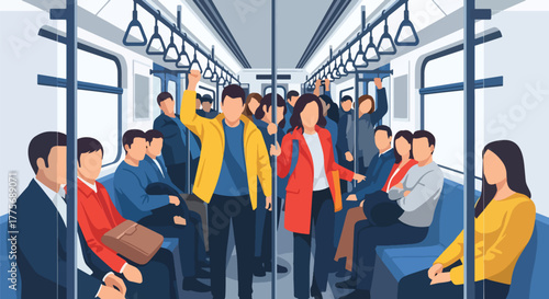 Flat vector of crowded metro train with passengers celebrating World Public Transport Day, promoting modern commuting and green mobility