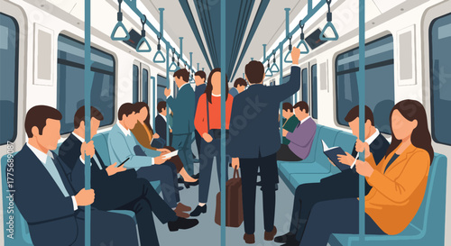 Flat vector of crowded metro train with passengers celebrating World Public Transport Day, promoting modern commuting and green mobility