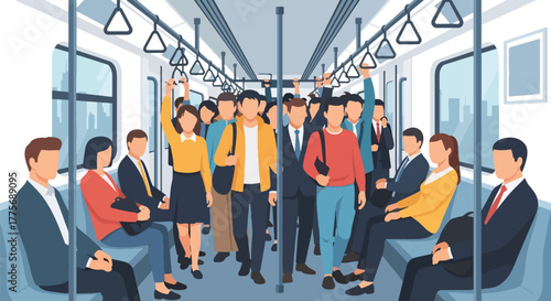 Flat vector of crowded metro train with passengers celebrating World Public Transport Day, promoting modern commuting and green mobility