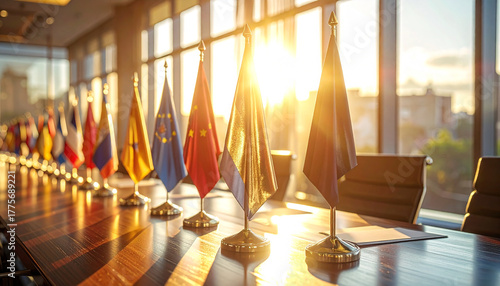 Global Accord: A sophisticated conference room bathed in natural light, hosting a display of international flags, symbolizing unity and diplomacy.