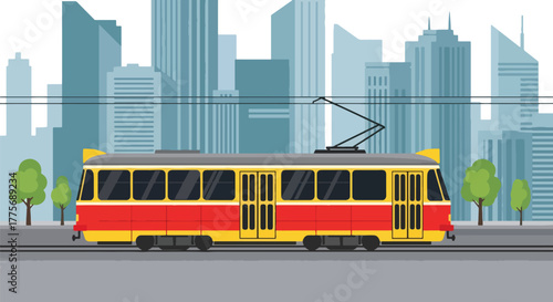 Flat vector of tram gliding through downtown street for World Public Transport Day, symbolizing sustainable and clean urban transit