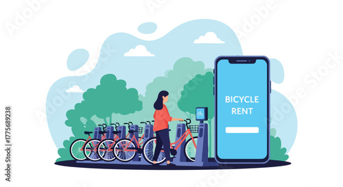 Flat vector of people renting bicycles from public station for World Public Transport Day, supporting green commuting and urban health