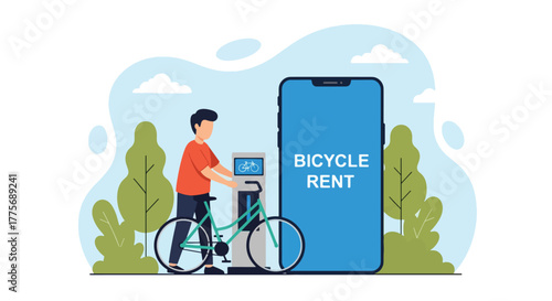 Flat vector of people renting bicycles from public station for World Public Transport Day, supporting green commuting and urban health