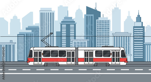 Flat vector of tram gliding through downtown street for World Public Transport Day, symbolizing sustainable and clean urban transit