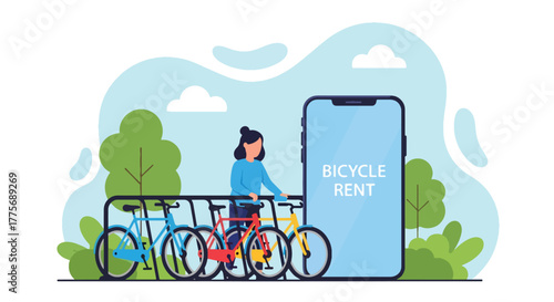 Flat vector of people renting bicycles from public station for World Public Transport Day, supporting green commuting and urban health