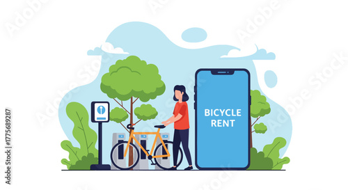 Flat vector of people renting bicycles from public station for World Public Transport Day, supporting green commuting and urban health
